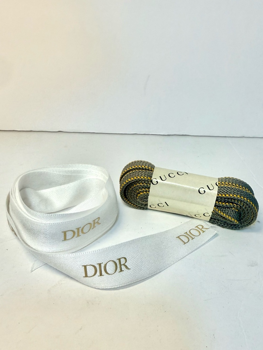 Dior White Satin Logo Ribbon with gucci shoe lace bundle